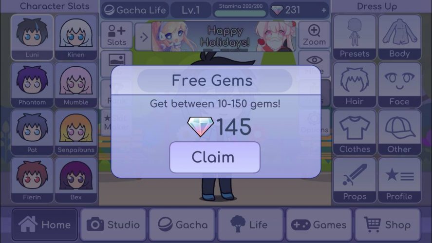 Screen to claim free gems after having watched an ad
