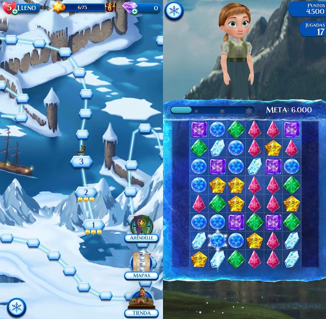 Frozen: two screenshots, one of the Frozen world and another one of Anna on top of a candy-crush game
