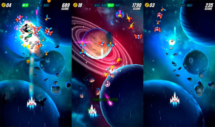 Three Galaga Wars in-game screenshots, one of the best classic games for mobile devices