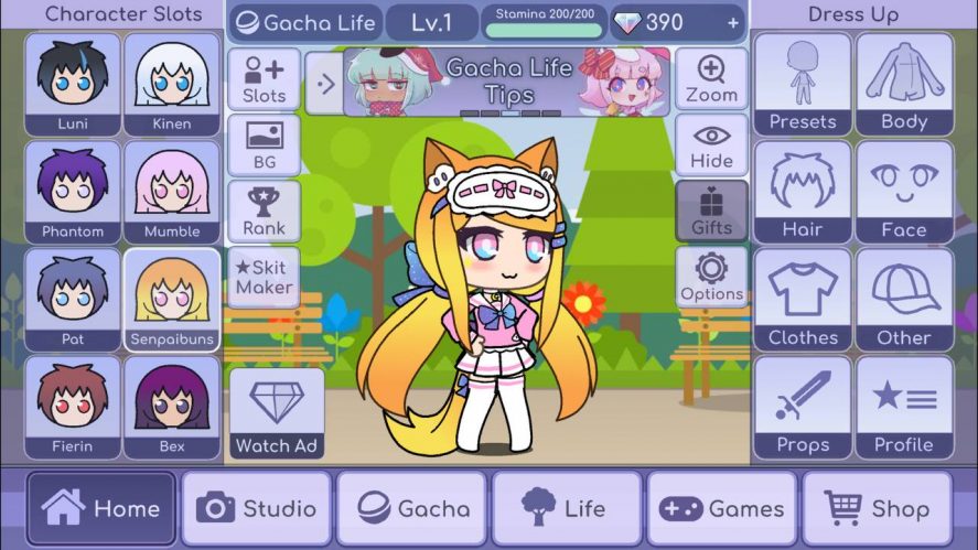 Gacha Life main menu with the Gifts button dimmed.