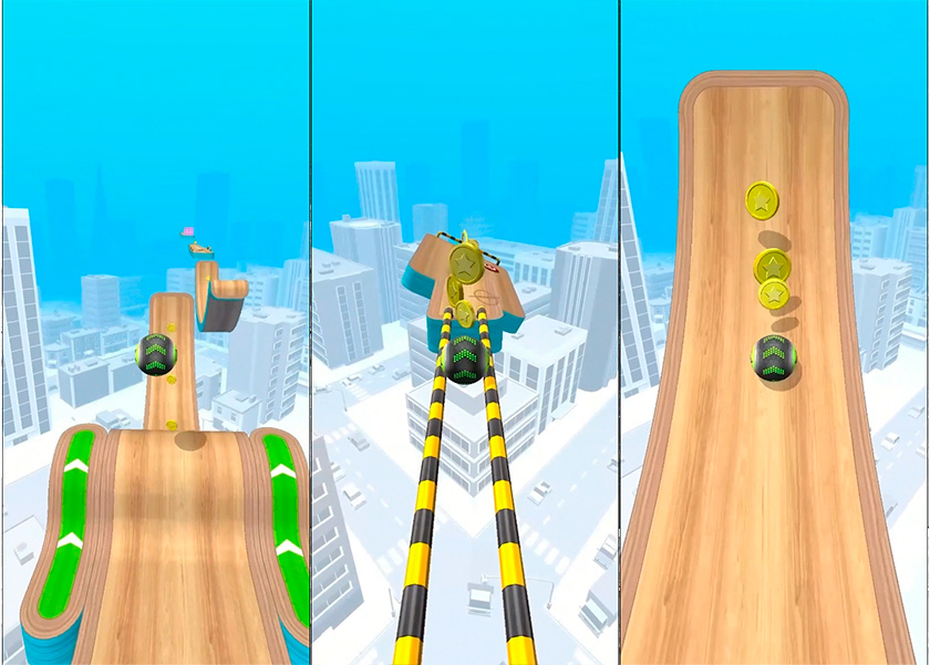 Three Going Balls in-game screenshots showing coins in tracks