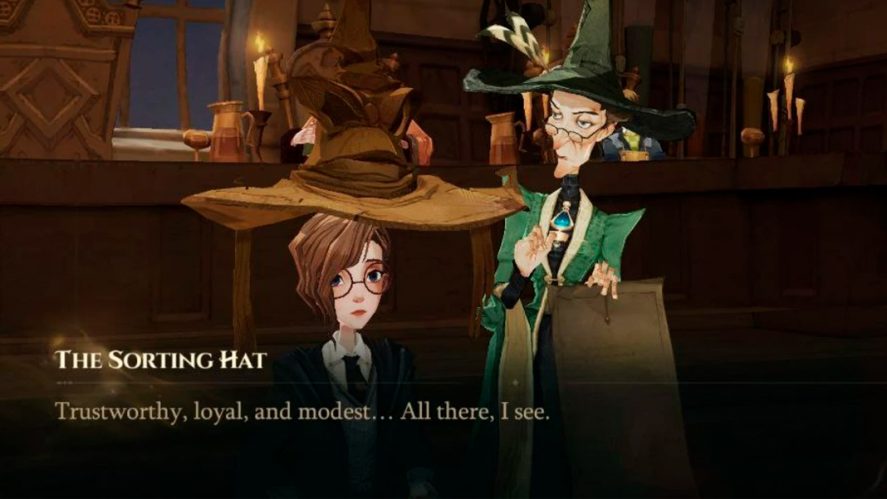 Harry Potter: Magic Awakened: Professor Mcgonagall placing the sorting hat on a student's head