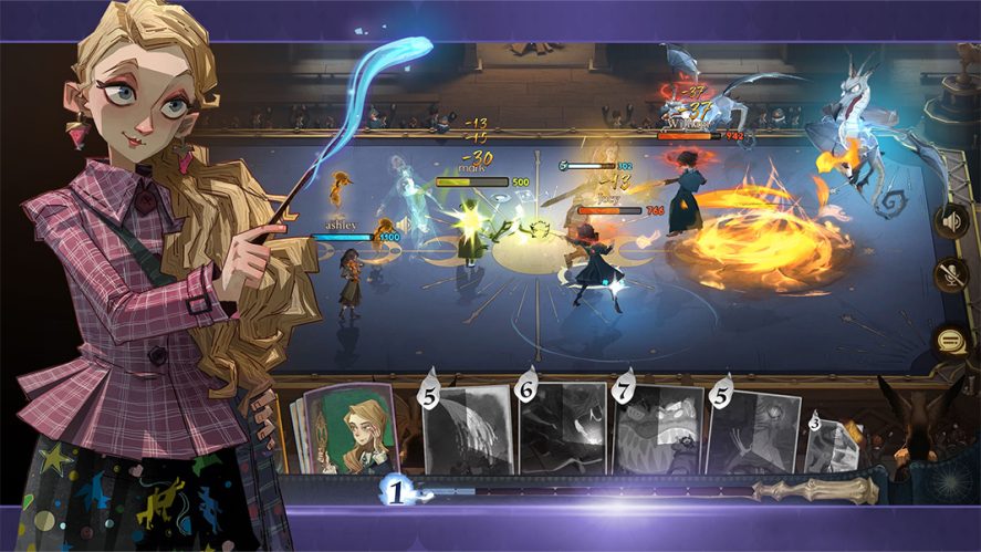 Harry Potter: Magic Awakened: screenshot of wizards dueling in the centre, cards at the bottom and Luna Lovegood on the right.