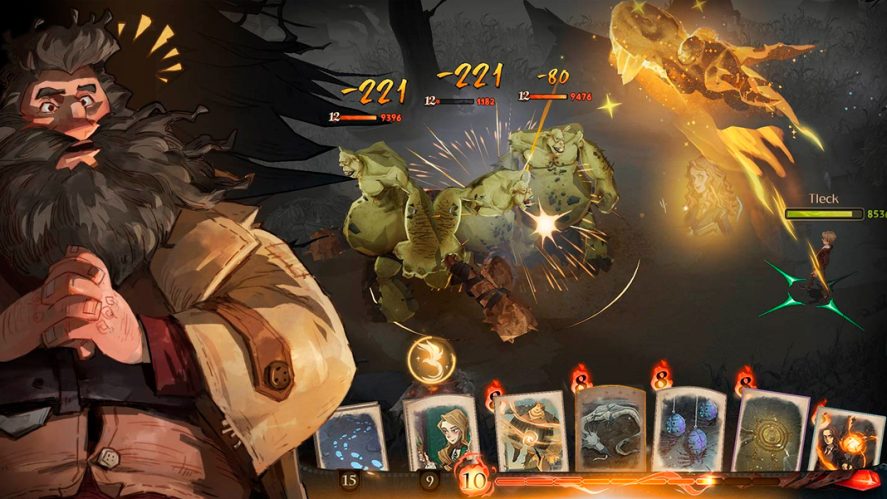 Harry Potter: Magic Awakened: screenshots of trols fighting, with cards at the bottom and a surprised Hagrid on the right.
