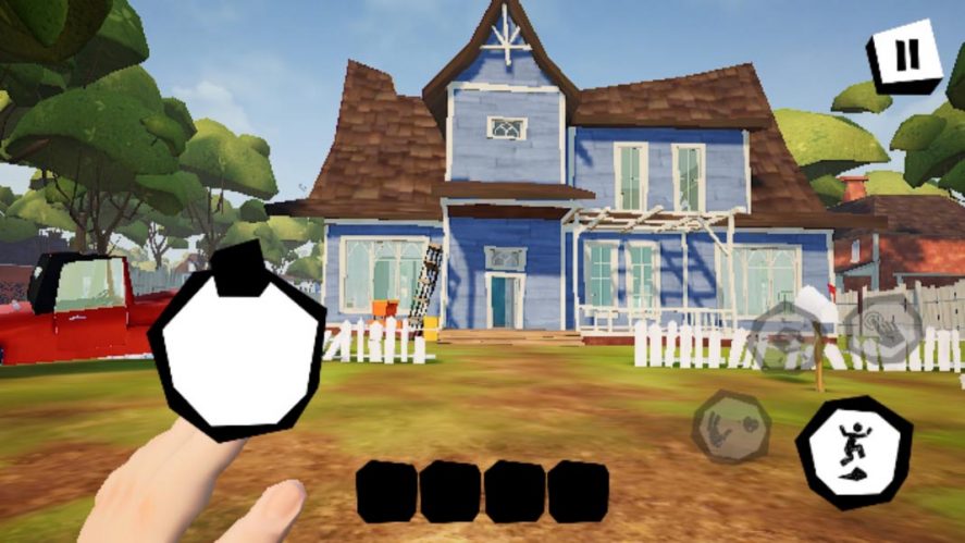 Player's view of a blue house