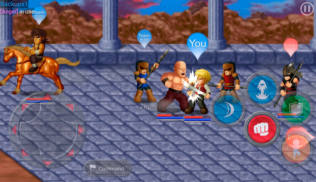 Hero Fighter X: strong bald character beating a smaller blond guy, both surrounded by soldiers
