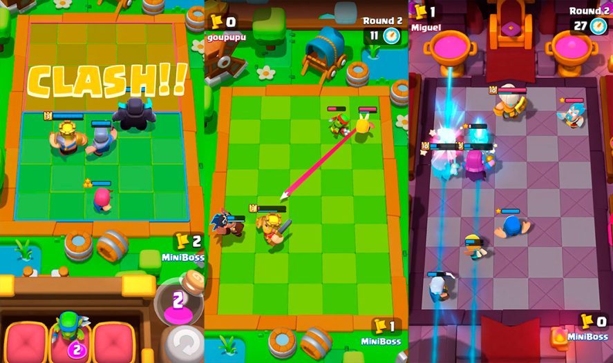 Three Clash Mini screenshots showing different game stages 