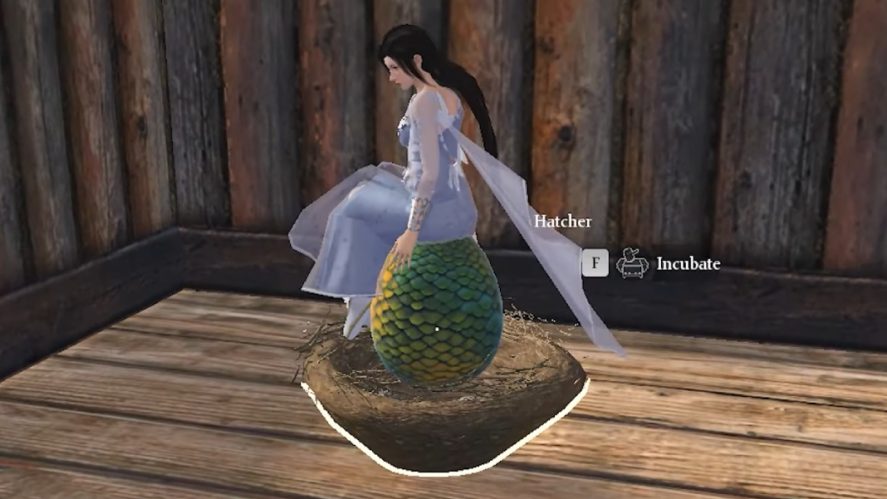 Female character incubating an egg in Chimeraland