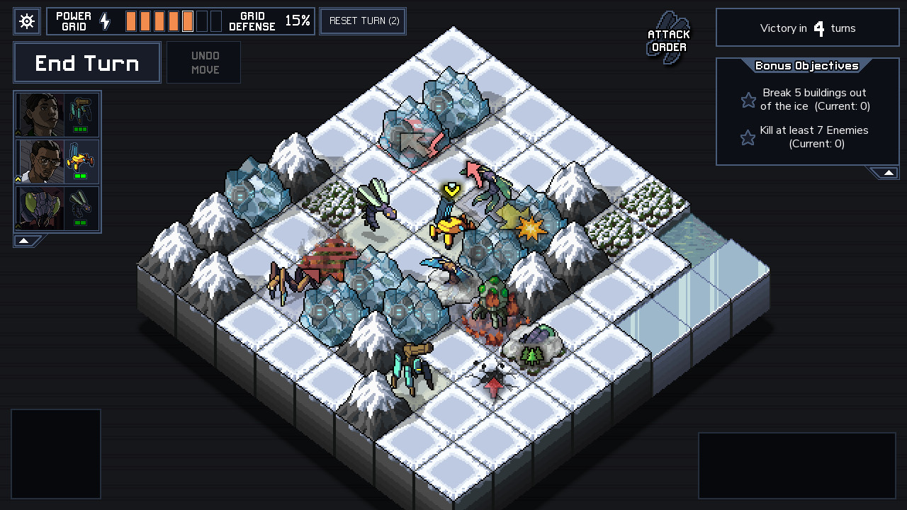 Netflix's Into the Breach screenshot showing a isometric setting with several bug characters, one human and mountains.