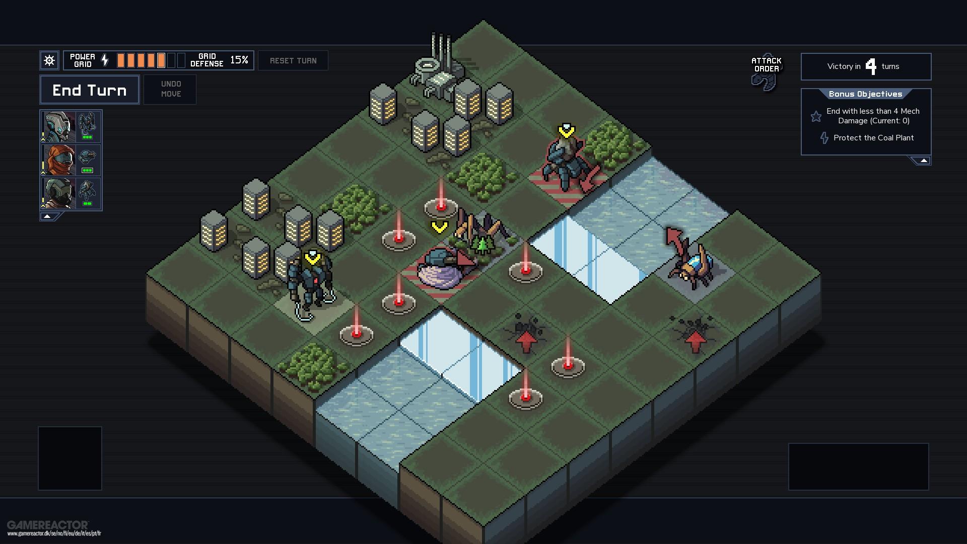 Netflix's Into the Breach screenshot of a dark setting with several buildings, fountains and what seems like a river.