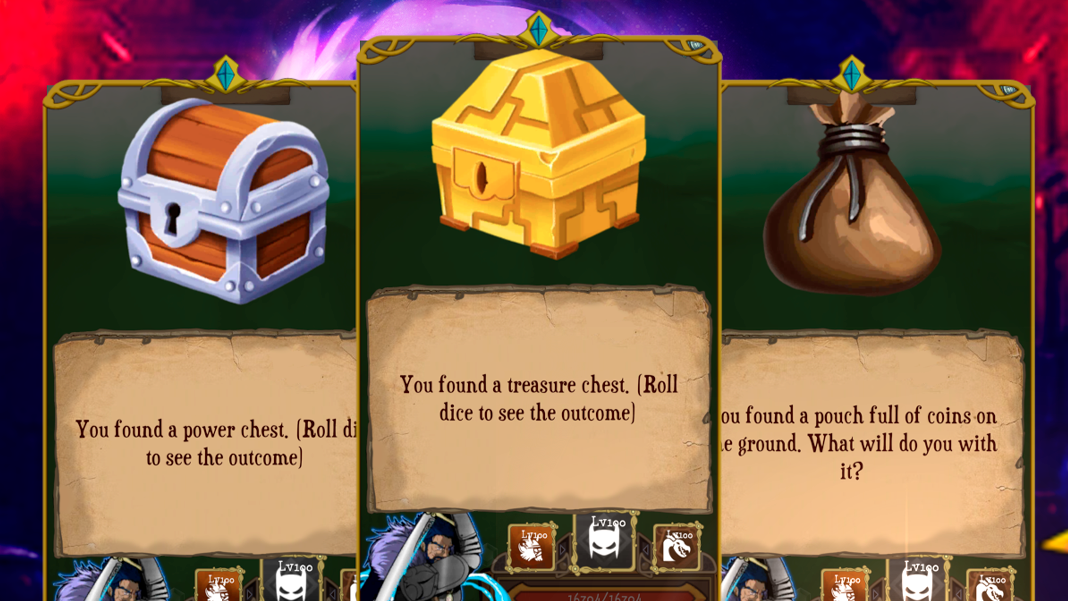 Three official in-game screenshots of Jobmania Eternal Dungeon in which sacks and reward chests are displayed