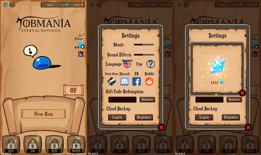 Three screenshots showing how to redeem free codes at Jobmania Eternal Dungeon
