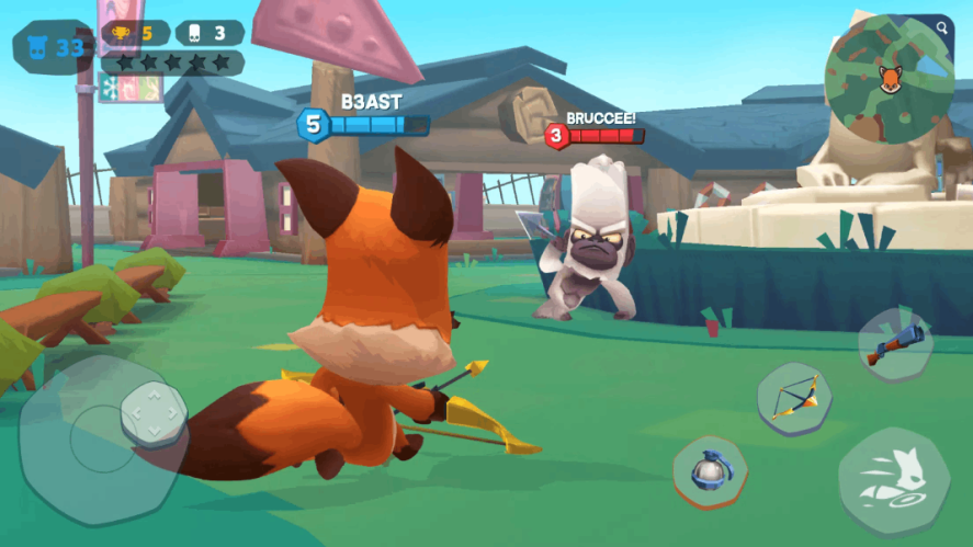 Zooba screenshot showing a fox and a gibbon fighting.