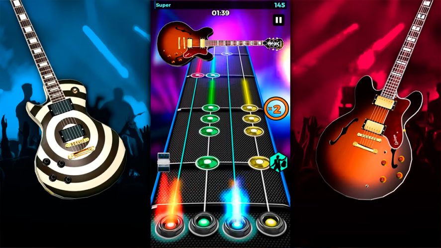 Three screenshots of Guitar Band Battle, one of the music games for Android