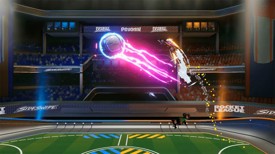 Rocket League: screenshot of a car flying to strike the ball.