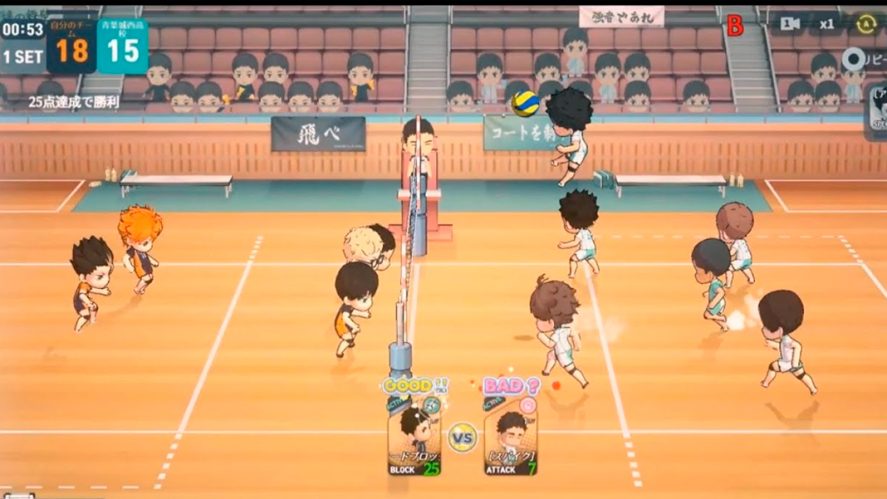 Haikyuu! Touch the dream: manga-like players in the middle of a volleyball match.