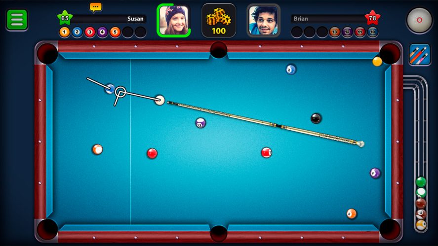 8Ball Pool: screenshot of a pool game between two players, named Susan and Brian.