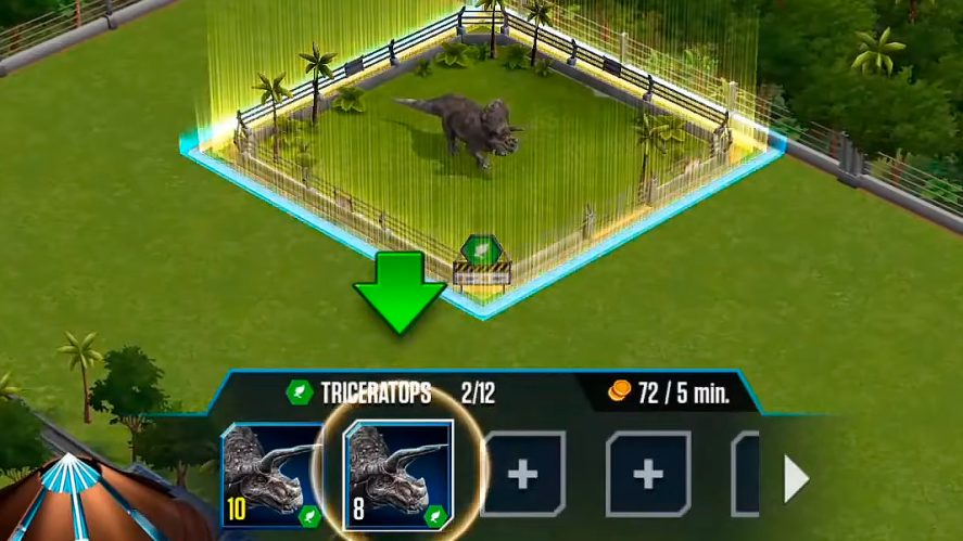 Jurassic World: The Game: Triceratops being placed in a park space.
