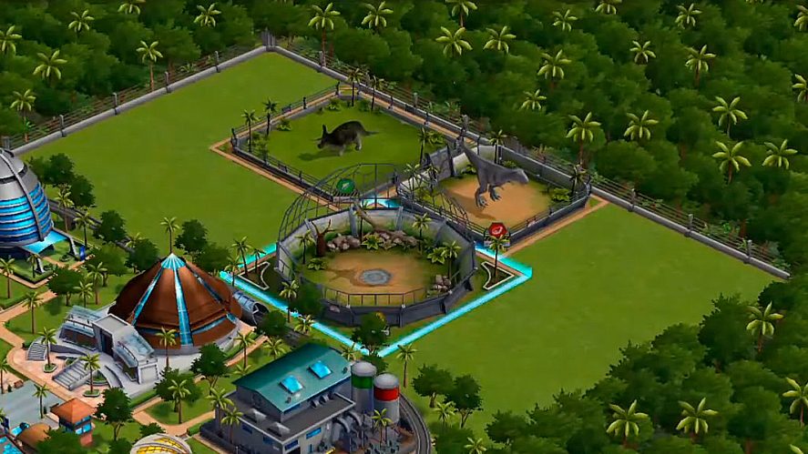 Jurassic World: The Game: Zenithal view showing park cages and buildings 
