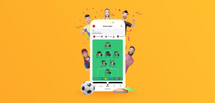Kings League promo image showing avatars surrounding a smartphone displaying a soccer lineup