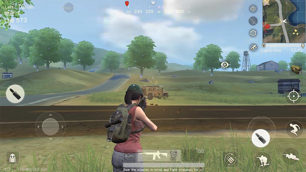 Knives Out: A female character aiming at a vehicle