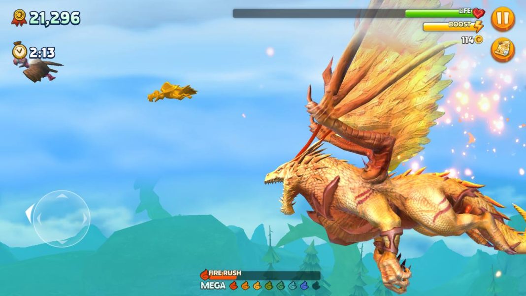 Screenshot of Hungry Dragon with a kind of golden dragon flying in a blue sky