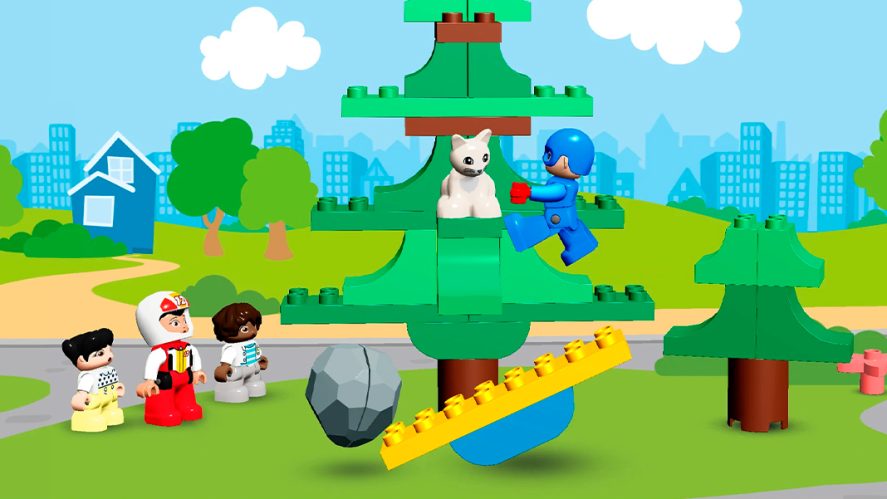 LEGO Duplo Marvel in-game screenshot showing four characters trying to get a kitten down from a tree