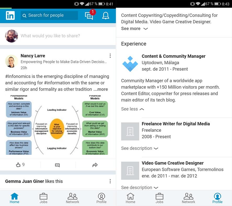 User's dashboard and Jobs page in LinkedIn Lite