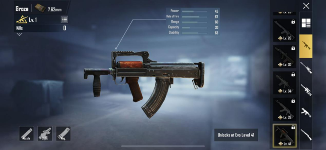 Screenshot of the PUBG Mobile groza assault rifle with its features