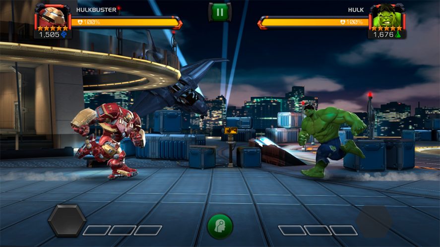 Marvel Contest of Champions in-game screenshot showing Hulkbuster and Hulk fighting