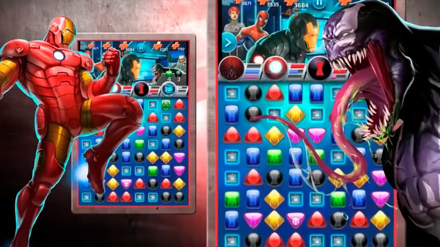 Two Marvel Puzzle Quest in-game screenshots showing Iron Man and Venom