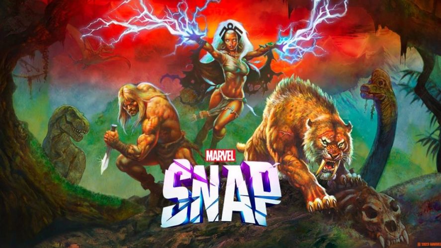 Marvel Snap promo image showing a T-rex, a saber-tooth tiger, and two Marvel characters