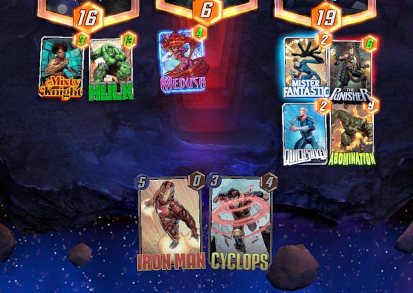 Marvel Snap screenshots: different cards assorted on the board