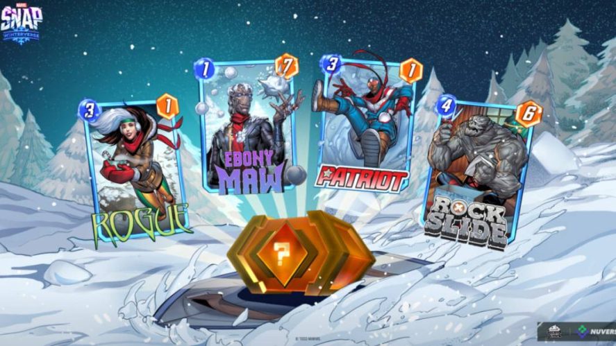 Marvel Snap promo image showing the cards of Rogue, Ebony Maw, Patriot and Block Slide.