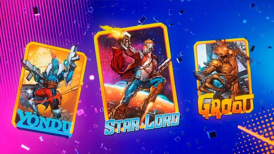 Marvel Snap promo image with three cards of different characters: Yondu, Star-Lord, and Groot
