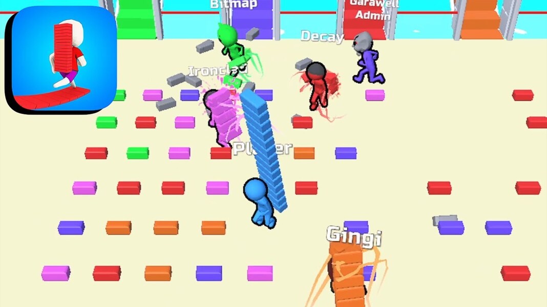 Bridge Race: colored characters picking up bricks.
