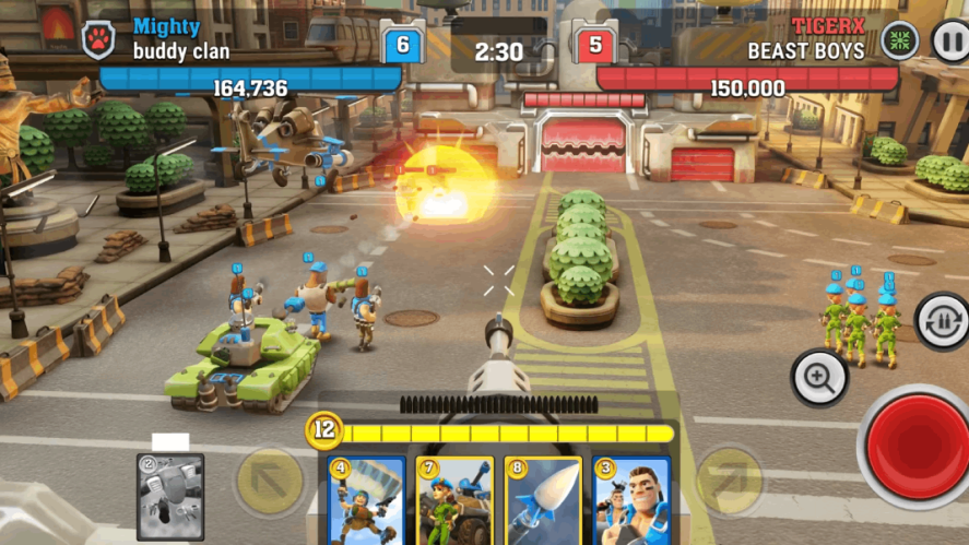 Mighty Battles in-game screenshot showing tanks in a city.