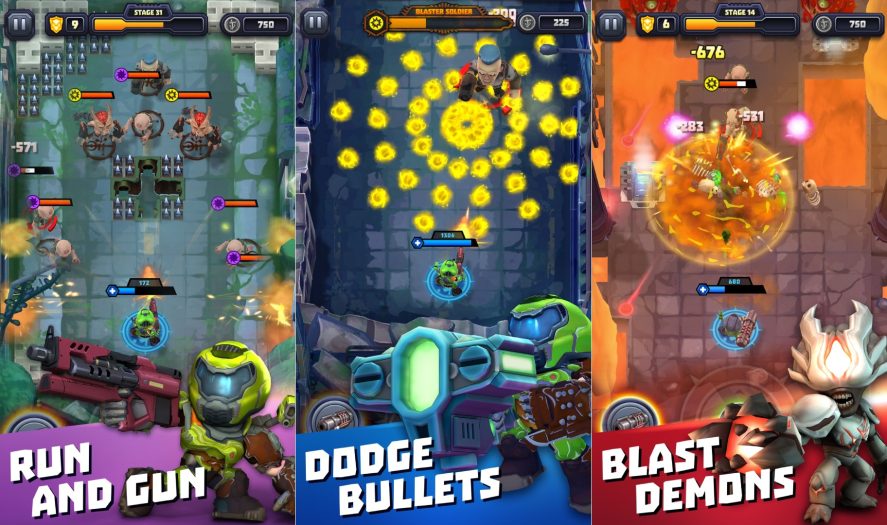 Mighty DOOM: three promotional in-game screenshots showing different attacks.