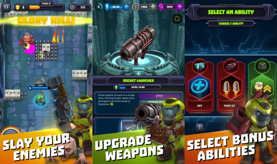 Mighty DOOM: three promotional screenshots showing different weapons and abilities