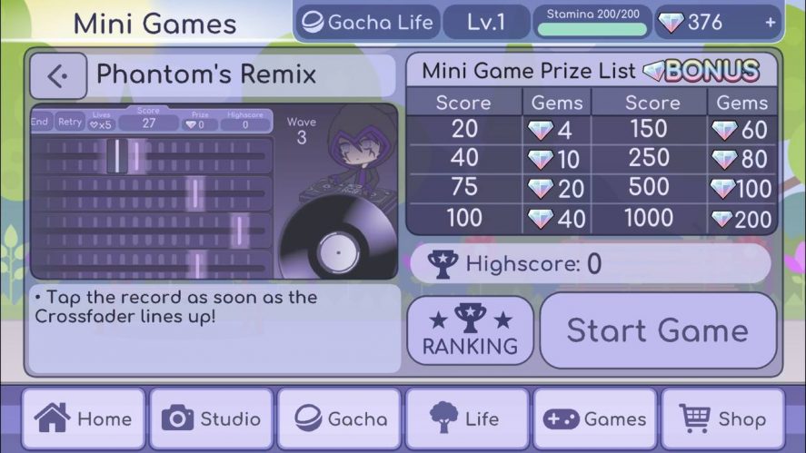 Start Game screen from Gacha Life's Phantom's Remix mini-game