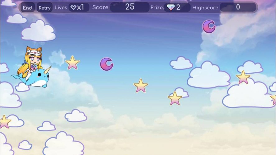 Gacha Life mini-game featuring a character flying over a sky with clouds, moons, and stars above a fantastic creature
