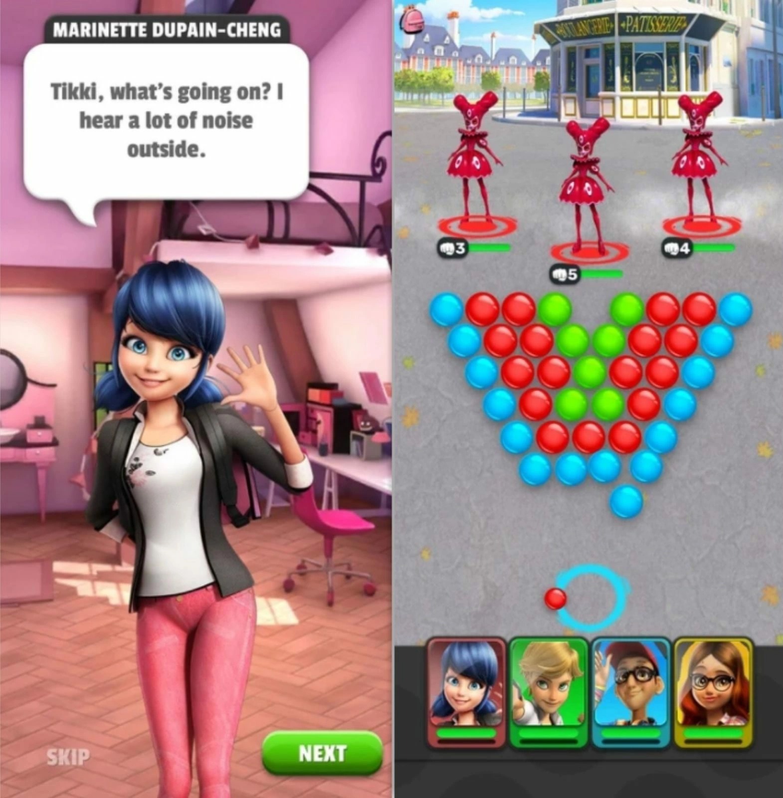 Miraculous: two screenshots, one of Ladybug asking about some noise, and a second one of a bubble shooter