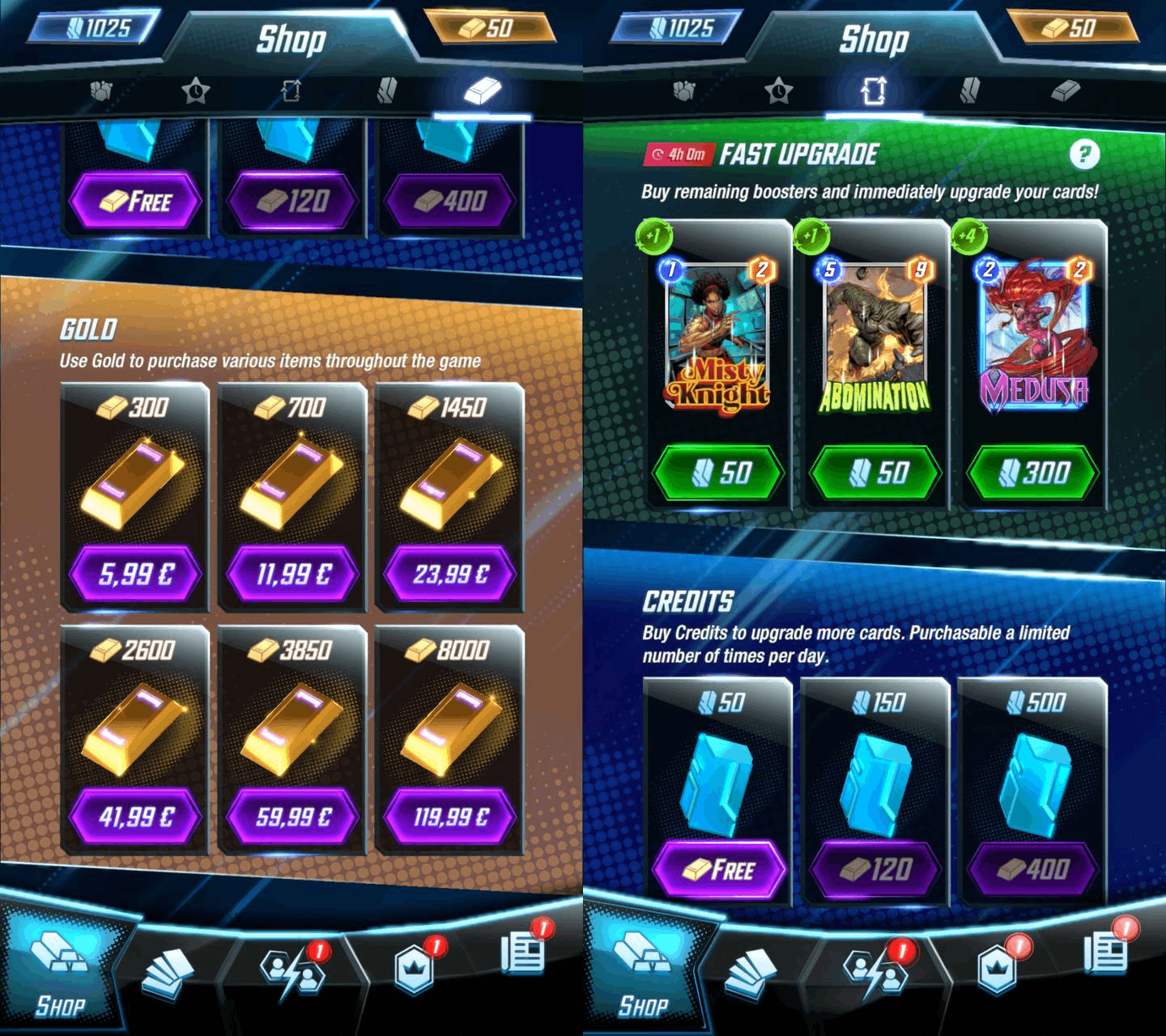 Marvel Snap's shop showing Gold and Credits prices