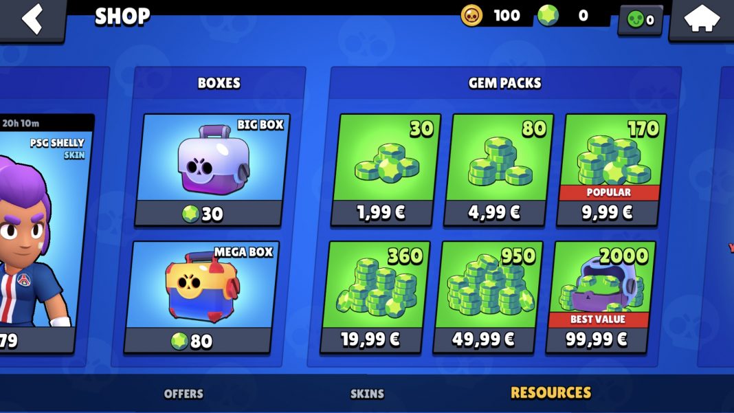 Brawl Stars shop showing boxes and gem packs