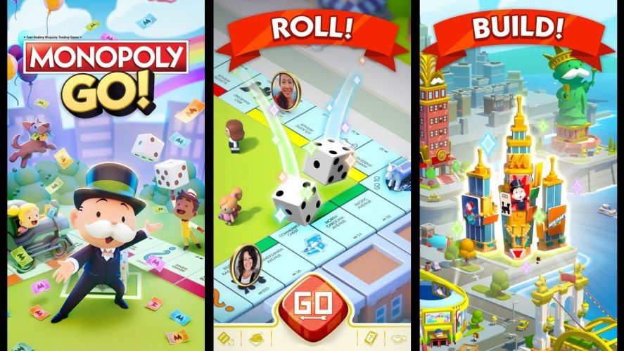 Three promo images from Monopoly GO! showing different actions. 