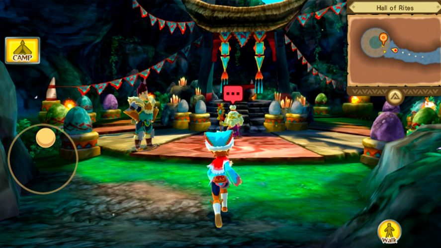 Character approaching a camp in mobile Monster Hunter Stories.