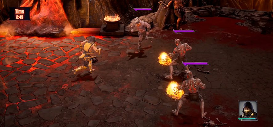 Mortal Kombat Onslaught: in-game screenshot of a character fighting three monster-like enemies.
