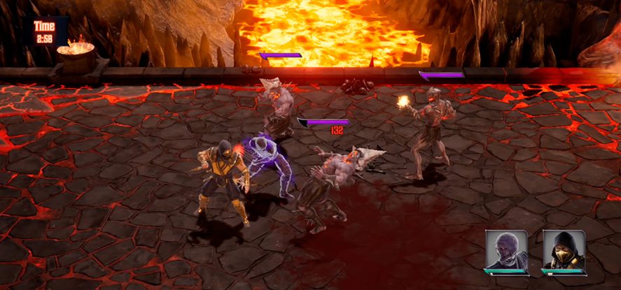 Mortal Kombat Onslaught: in-game screenshot of a battle taking placing in a volcanic setting.