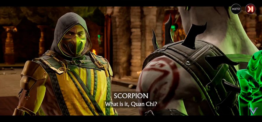 Mortal Kombat Onslaught: dialog between two characters, one of them called Scorpion asking "What is it, Quan Chi?"