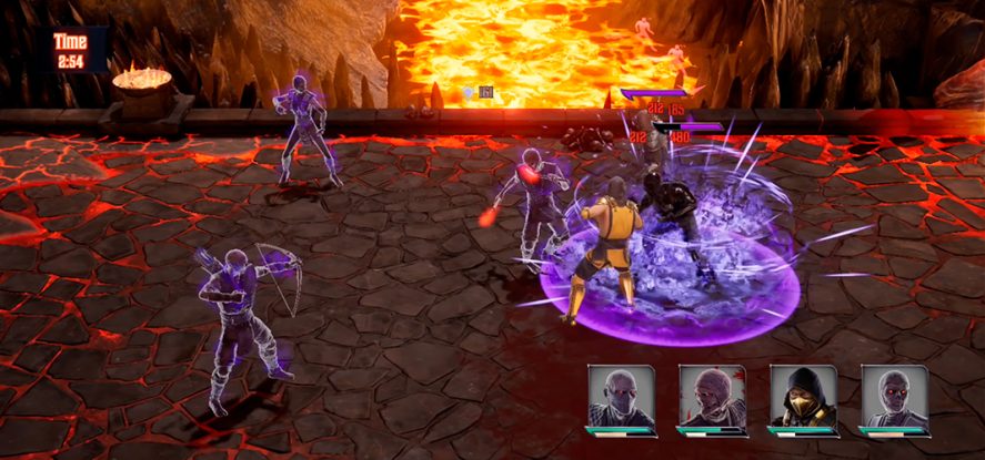 Mortal Kombat Onslaught: main character fighting four purple opponents in a volcanic setting.